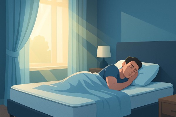 창문이 있는 밝은 침실, 침대와 펼쳐진 커튼