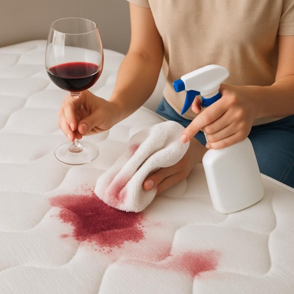 와인 얼룩이 묻은 침대 매트리스