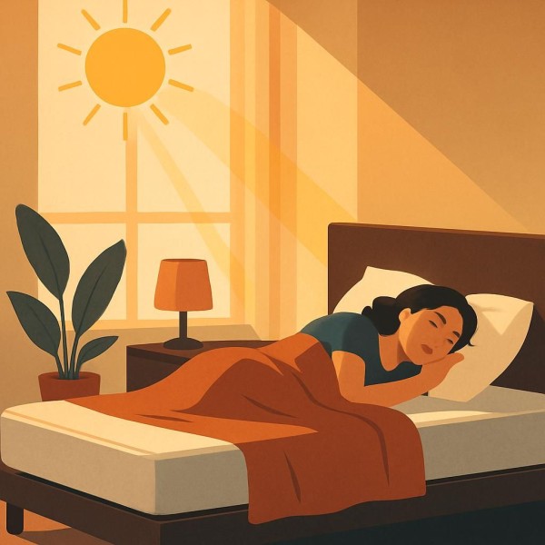 햇살이 비치는 침실의 침대 매트리스